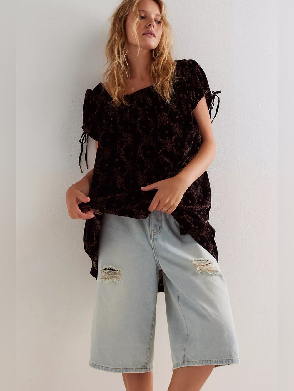 Free People We The Free Velvet Summer Camp Tunic Dress Black Floral Medium M